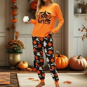 CONAIRIE Cute Pajamas for Women Set Loose Fit Halloween Pumpkin Graphiced Crew Neck Long Sleeve Loungewear Soft Lightweight Two Piece Holiday Sleepwear Set