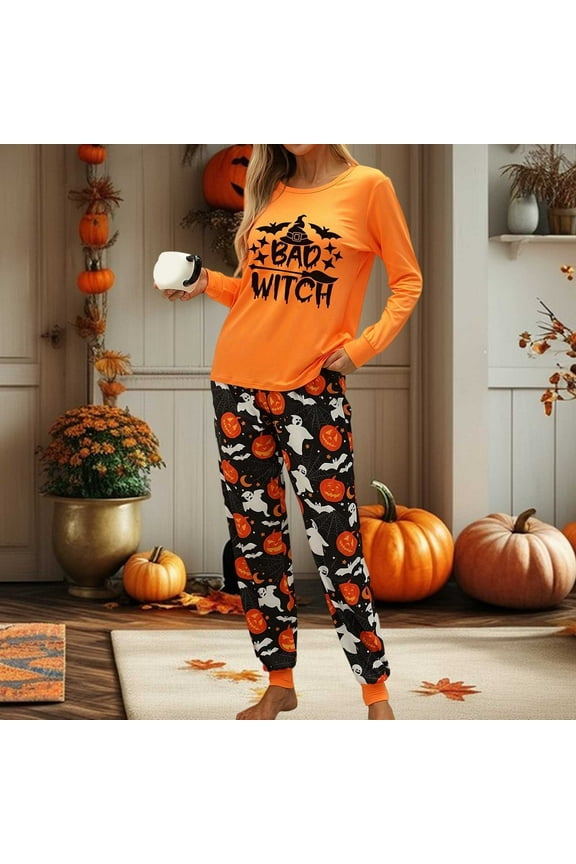 Cute Pajamas for Women Set Loose Fit Halloween Pumpkin Graphiced Crew Neck Long Sleeve Loungewear Soft Lightweight Two Piece Holiday Sleepwear Set