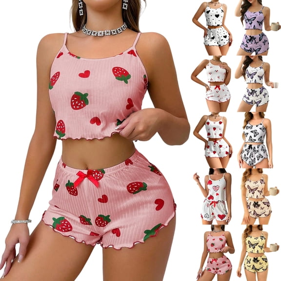 Cute Pajamas for Women Strawberry Print PJ Set Crop Cami Tops and Shorts Set 2 Piece Lounge Sets Light Blue XL
