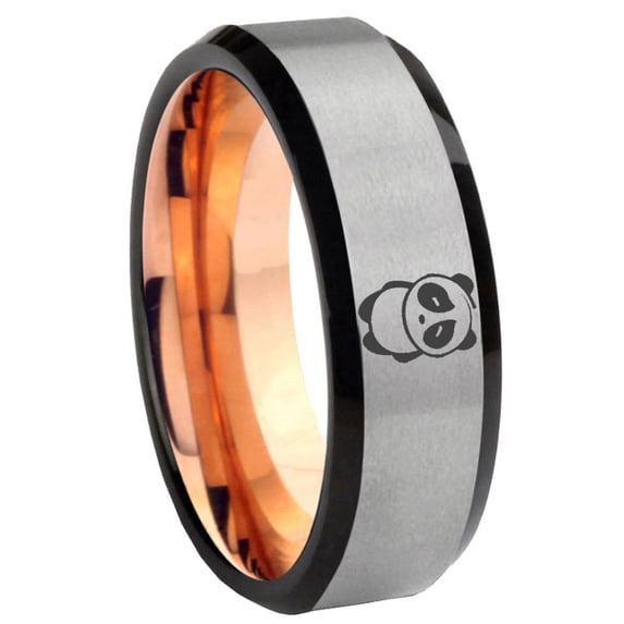 Cute Panda 8MM Beveled Edge Gray And Rose Gold Tungsten Ring