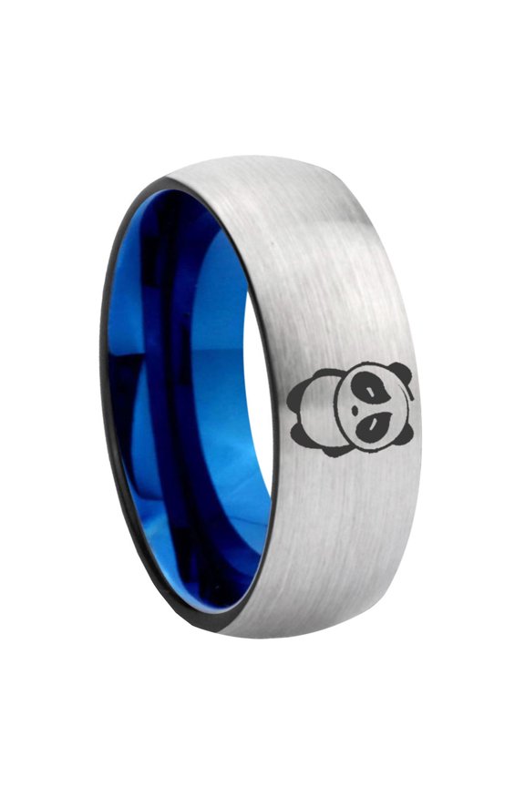 Cute Panda 8MM Dome Gray and Blue Tungsten Carbide Ring