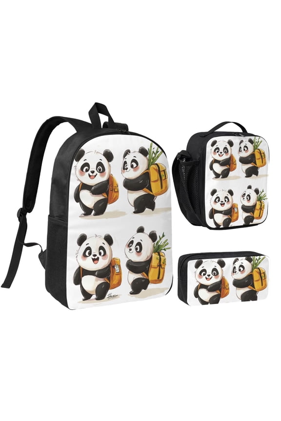 Cute Panda Backpack 17 Inch Set with Lunch Bag and CaseDurableTravel Bag Combo for Work Commuting Daily Use