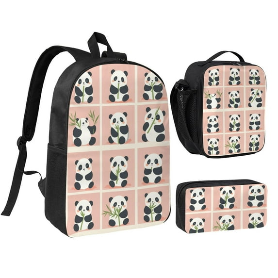 Cute Panda Backpack 17 Inch Set with Lunch Bag and CaseDurableTravel Bag Combo for Work Commuting Daily Use