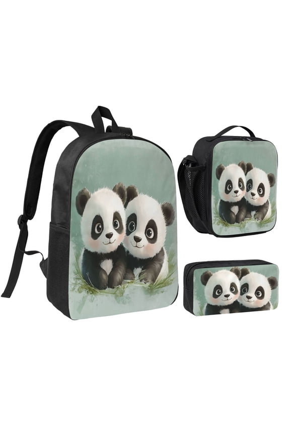 Cute Panda Backpack 17 Inch Set with Lunch Bag and CaseDurableTravel Bag Combo for Work Commuting Daily Use