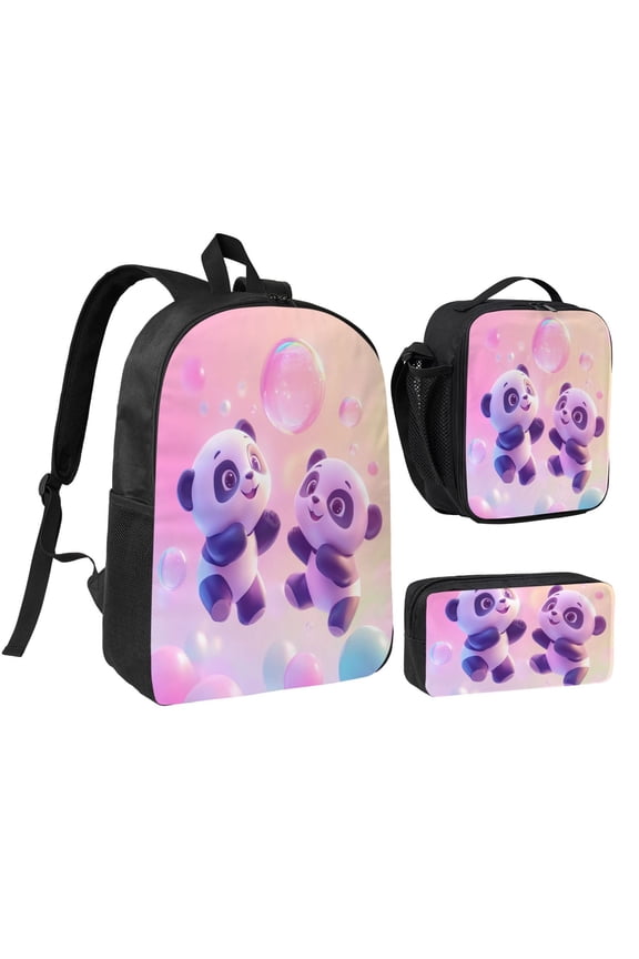 Cute Panda Backpack 17 Inch Set with Lunch Bag and CaseDurableTravel Bag Combo for Work Commuting Daily Use