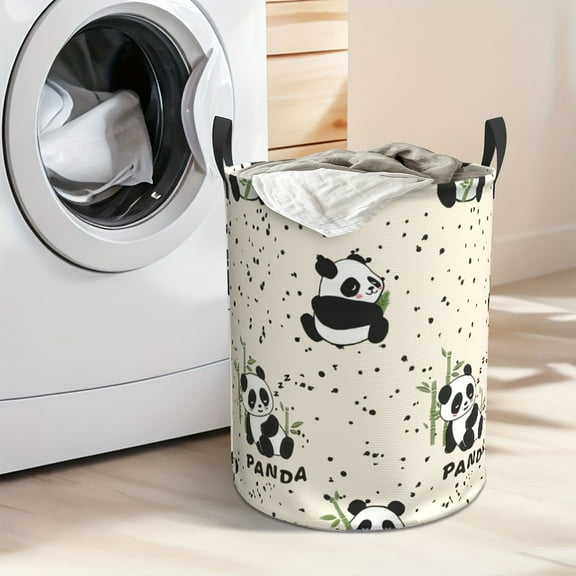 Cute Panda and Bamboo Print Oxford Cloth Laundry Basket - Foldable Round Storage Basket with Reinforced Handle, Large Capacity Space-saving Organizer, Suitable for Bathrooms and Bedrooms