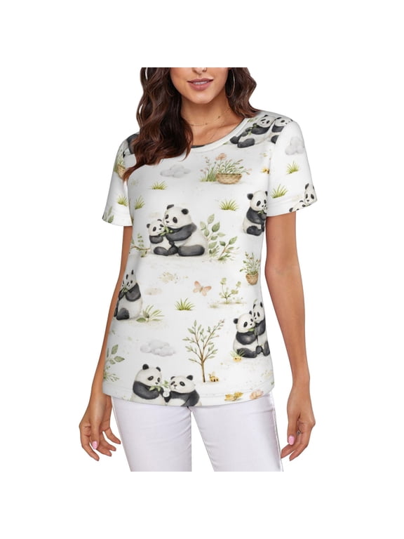 Cute Panda Bamboo T-Shirt Crew Neck Short Sleeve Full-Print for Women