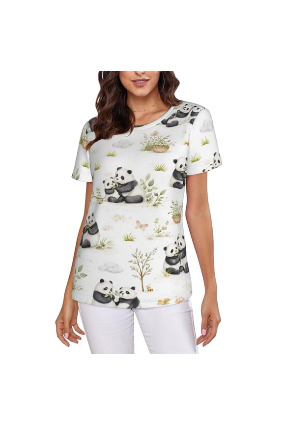 Cute Panda Bamboo T-Shirt Crew Neck Short Sleeve Full-Print for Women