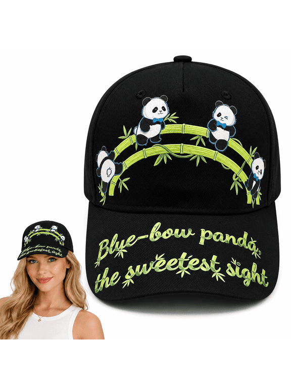 Cute Panda Baseball Cap for Women Men, Adjustable Black | Cartoon Pandas with Bamboo Print, Dad Hat, Snapback Style, For Outdoor, Travel, Daily Wear