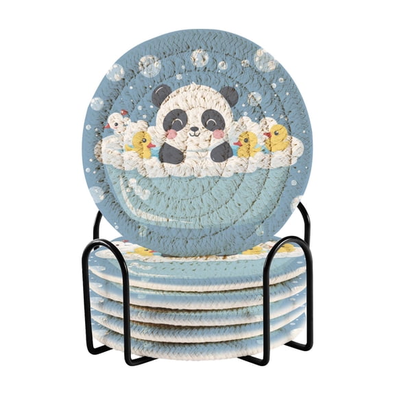 Cute Panda Bathing Drinking Coasters Cup Mat with Holder for Kitchen Cafe Bar 6 Packs