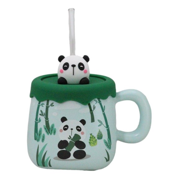 Cute Panda Bear By Bamboo Forest Green Ceramic Mug With Silicone Lid And Straw