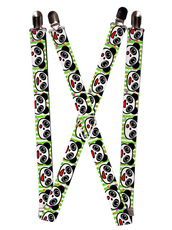 Cute Panda Bear Faces on Striped Pattern Suspenders