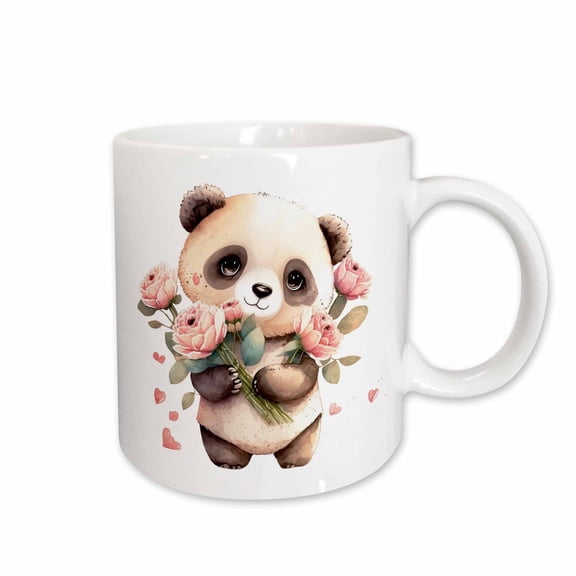 3drose, Cute Panda Bear Holding Pink Flowers Illustration, 11oz Mug