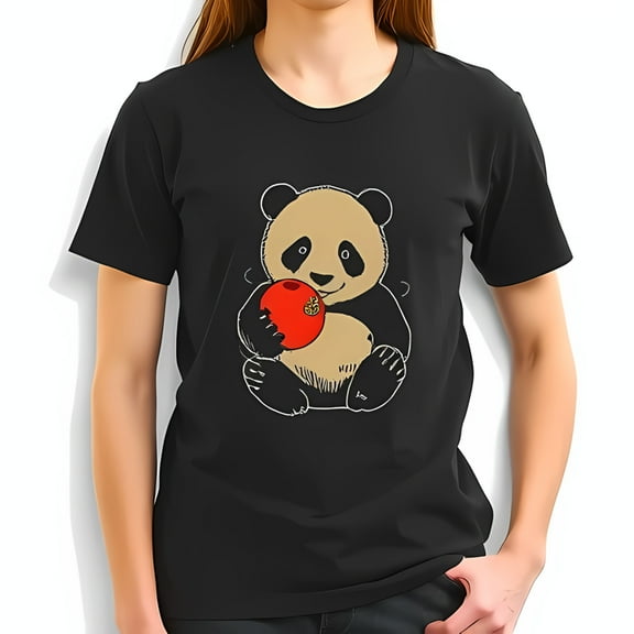 Cute Panda Bear Holding Red Orb Graphic Cotton Short Sleeve T-Shirt for Casual Wear