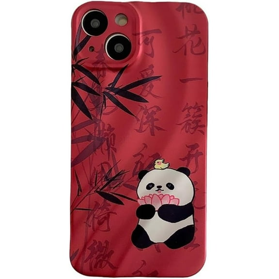 Cute Panda Bird Lotus Bamboo Folds Red Soft Phone Case Compatible with iPhone Case (Red,iPhone 15)