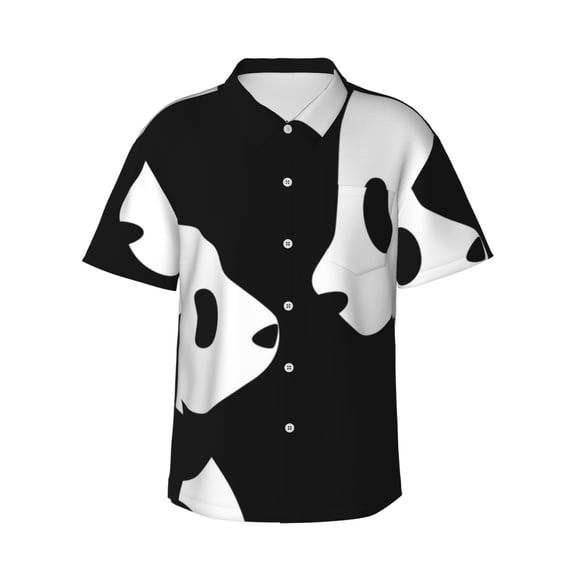 Cute Panda Black And White Men's 3d Print Casual Button Down Shirts, Novelty Hawaiian Short Sleeves L