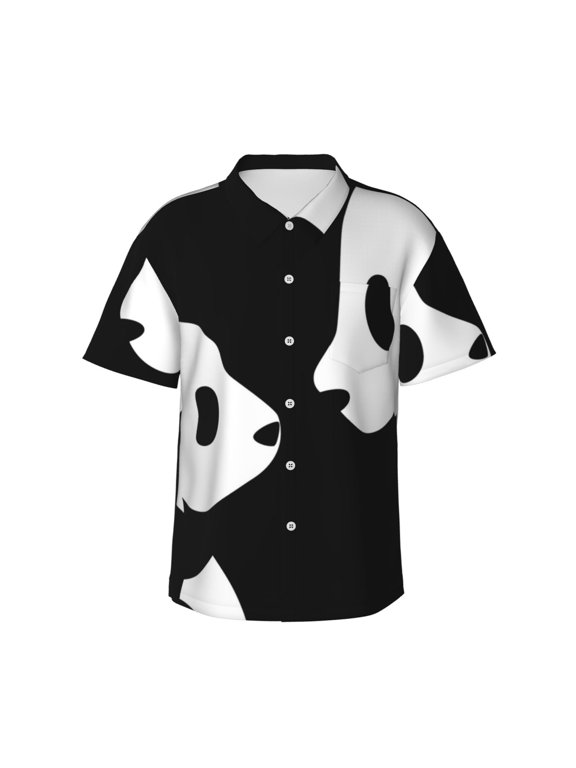 Cute Panda Black And White Men's 3d Print Casual Button Down Shirts, Novelty Hawaiian Short Sleeves M