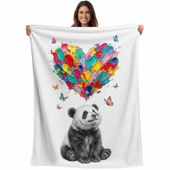Cute Panda Blanket Soft Cozy Warm Twin Blanket for Bed, Plush Fuzzy Flannel Fleece Blankets for Sofa, Modern Abstract Oil Painting Love Heart Throw Blankets for Couch, Gifts for Men, 60"x80"
