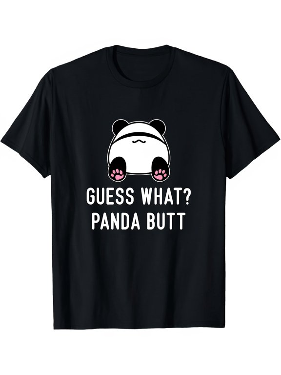 Cute Panda Butt Print T-Shirt | Soft Stretch Crewneck Casual Tee, Funny Animal Graphic, Black, Round Neck, Short Sleeves Size 3XL