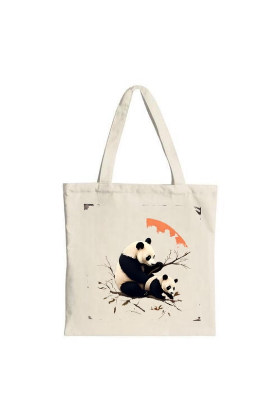 Cute Panda Cartoon Tote Bag - Canvas Reusable Multifunctional for Shopping Travel & Parties Features Playful Pandas & Orange Crescent Design