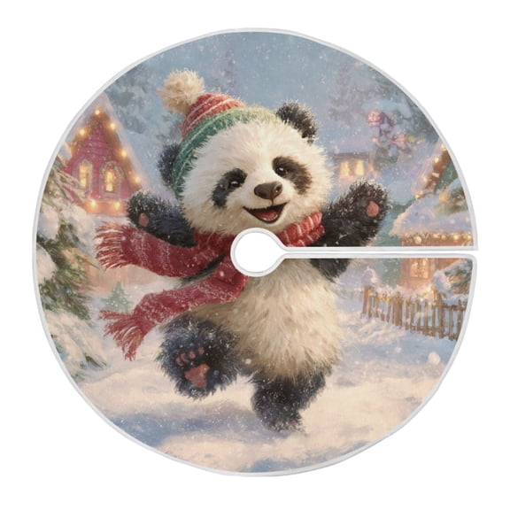 Cute Panda Celebrate Christmas in Snow Christmas Tree Skirt Opening Design Floor Protection Holiday Decor 35.4" Diameter S