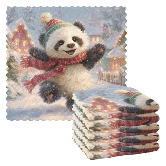 Cute Panda Celebrate Christmas in Snow Dish Cloths Dish Towels Cleaning Cloths Quick Drying Reusable 11" x 11" Set of 6