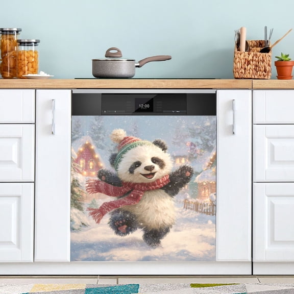 Cute Panda Celebrate Christmas in Snow Dishwasher Magnet Refrigerator Magnetic Cover Washing Machine Magnet Sticker Kitchen Decor