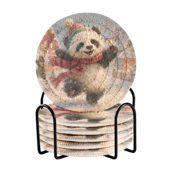 Cute Panda Celebrate Christmas in Snow Drinking Coasters Cup Mat with Holder for Kitchen Cafe Bar 6 Packs