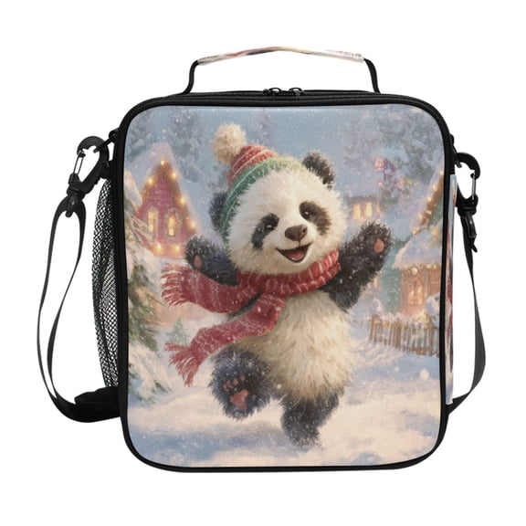 Cute Panda Celebrate Christmas in Snow Insulated Lunch Bag Reusable Lunch Box Lunch Container with Straps
