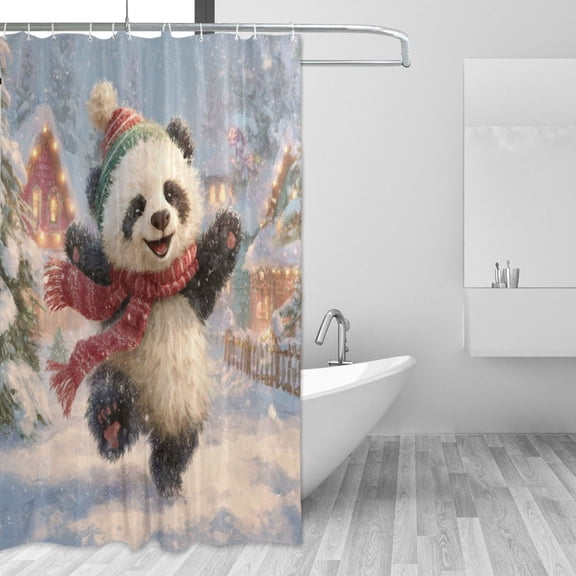 Cute Panda Celebrate Christmas in Snow Shower Curtains with 12 Hooks Waterproof Bathroom Decor 66" x 72"