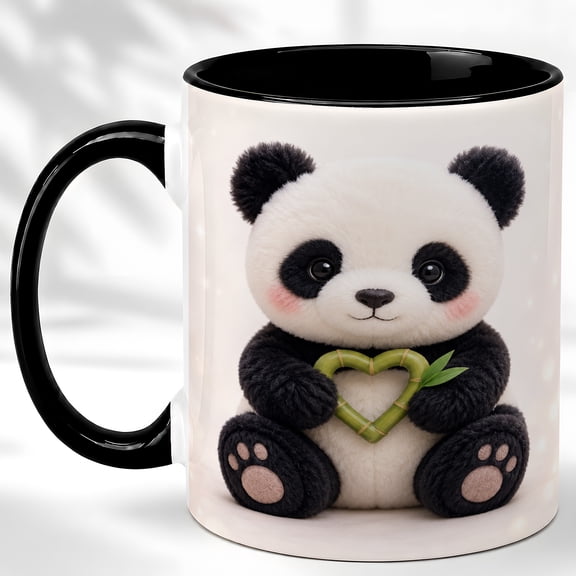 Cute Panda Coffee Mug, Plush Panda Mug for Girls and Women, Kawaii Bear Holding Bamboo Heart Design, Animal Lover Gift, Ceramic 11 Oz Cup