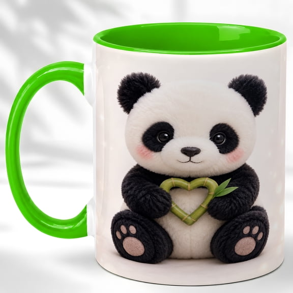 Cute Panda Coffee Mug, Plush Panda Mug for Girls and Women, Kawaii Bear Holding Bamboo Heart Design, Animal Lover Gift, Ceramic 11 Oz Cup