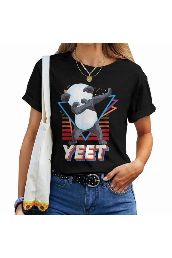 Cute Panda Dab Dance Retro Dabbing Bear T-Shirt Women Adult Cotton Comfortable Humorous Casual Tee, Size S, Color Black