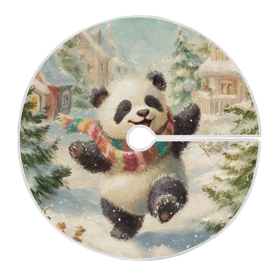 Cute Panda Dancing Snowy Day Christmas Tree Skirt Opening Design Floor Protection Holiday Decor 35.4" Diameter S