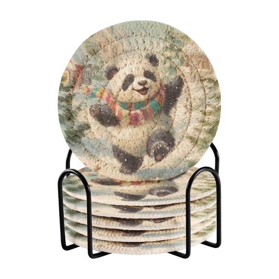 Cute Panda Dancing Snowy Day Drinking Coasters Cup Mat with Holder for Kitchen Cafe Bar 6 Packs