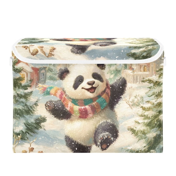 Cute Panda Dancing Snowy Day Foldable Storage Bins with Lids Handles Collapsible Storage Containers Tote Boxes 16.5 x 12.6 x 11.8 inches