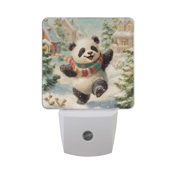 Cute Panda Dancing Snowy Day LED Night Light Sensor Lamp Plug-in Adjustable Brightness 2 Pack