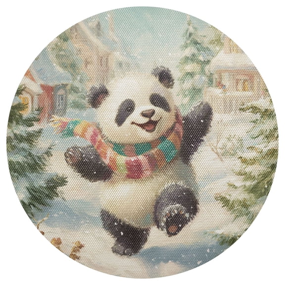 Cute Panda Dancing Snowy Day PVC Round Grid Placemat Table Mat 1 Pc 15.4" x 15.4"