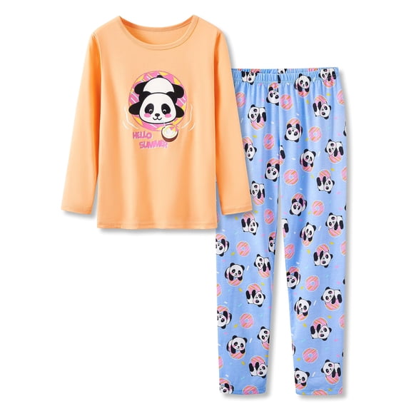 Beezizac Cute Panda & Donut Pajama Set for Girls Cotton Blend Long Sleeves & Pants Set Fall/Winter Outfit Nighty Size 12