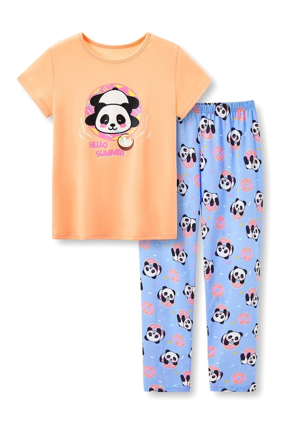 Cute Panda & Donut Pajama Set for Girls Cotton Blend Tee & Pants Set Summer Outfit Nighty Size 12