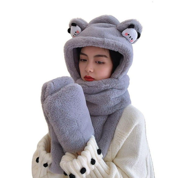 Cute Panda Ear Cap Plush Hat Scarf 3 in 1 Scarf Gloves Set Sweet Ear for Protection Coldproof Birthday Gift for Sweet Gi
