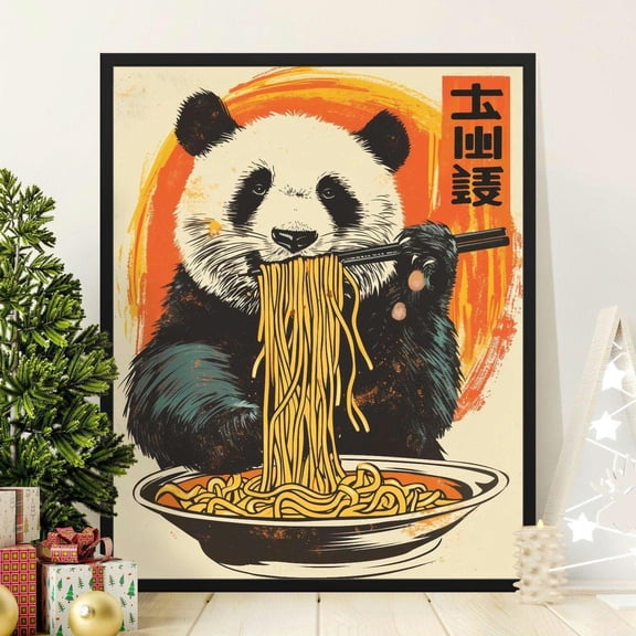 Cute Panda Eating Noodles Poster, Fun Animal Art Print, Unique Wall Decor, Colorful Illustration, Perfect Gift for Animal Lovers, 8x12