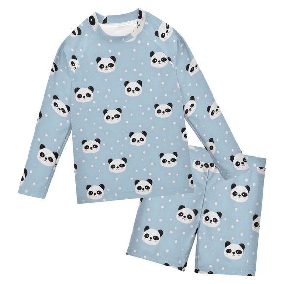 Cute Panda Face Pattern Boys' Bathing Suit UPF 50+ Boys' Rash Guard Sets Stretchy Quick Dry 3T-10T