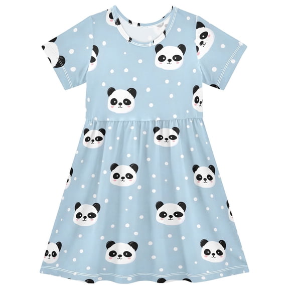 Cute Panda Face Pattern Girls Short Sleeve Dress A Line Sun Protection Breathable Comfort Sundress 3T