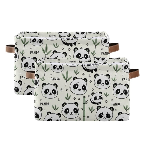 Cute Panda Face and Bamboo Storage Bins with Handle Fabric Organizer Basket Foldable Box 2 Pack 14.2x10.2x8.3