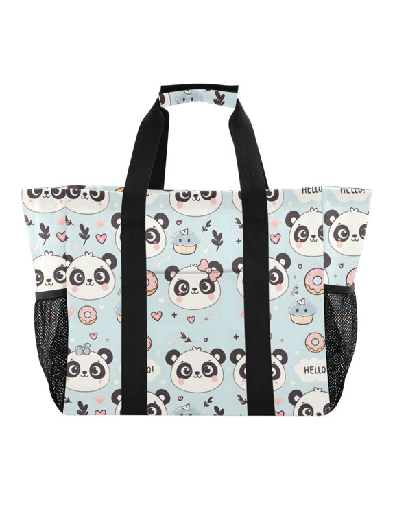 Cute Panda Face and Cake Reusable Grocery Bags with Handle Side Pocket Waterproof Shopping Portable Tote