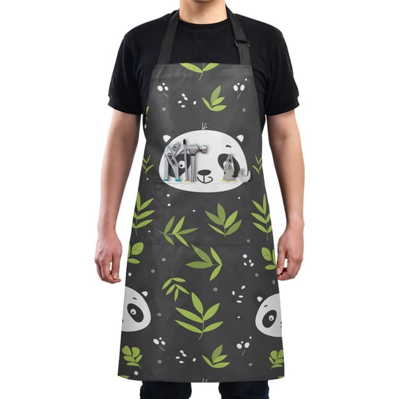 Cute Panda Face and Leaf Kitchen Apron with 2 Pockets Adjustable waterproof Cooking Aprons for Women Men Chef