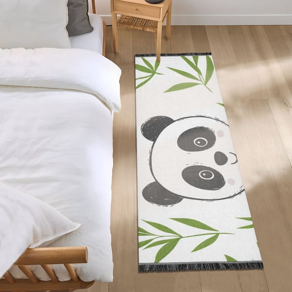 Cute Panda Faces Leaves Bedside Runner Rug 2'x 6' Non Slip Carpet Floor Mat Area Rug