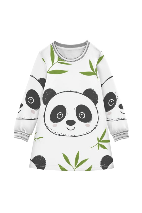 Cute Panda Faces Leaves Long-sleeved Dress A-line Dress for 2-8 Years Casual Party 4T