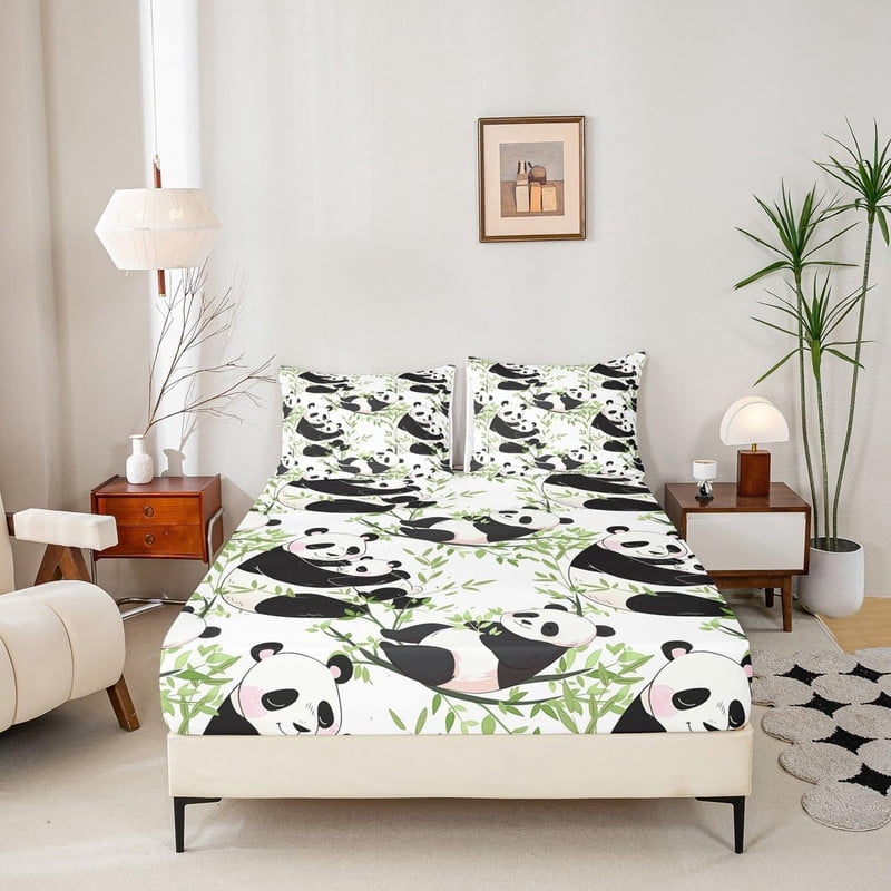 Cute Panda Fitted Sheet Full Size,Cartoon Wild Animals Bedding Set 3pcs for Kids Teens Boys Girls Room Decor,Green Bamboo Leaves Bed Sheet Set Natural White Bed Cover with 2 Pillowcases